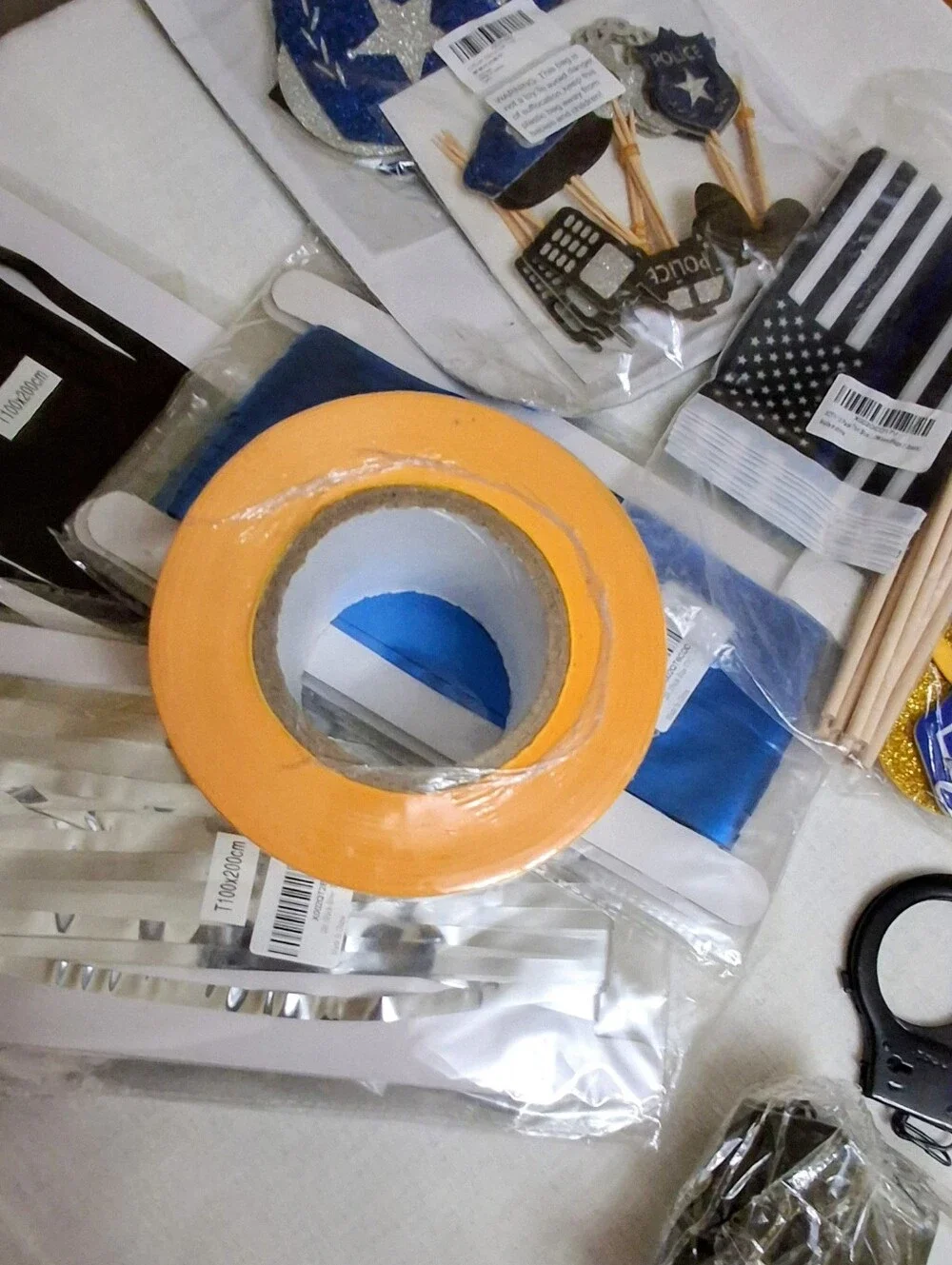 Party Supplies Huge Lot Policeman- Badges Handcuffs, Crime Tape, Flags, Banners